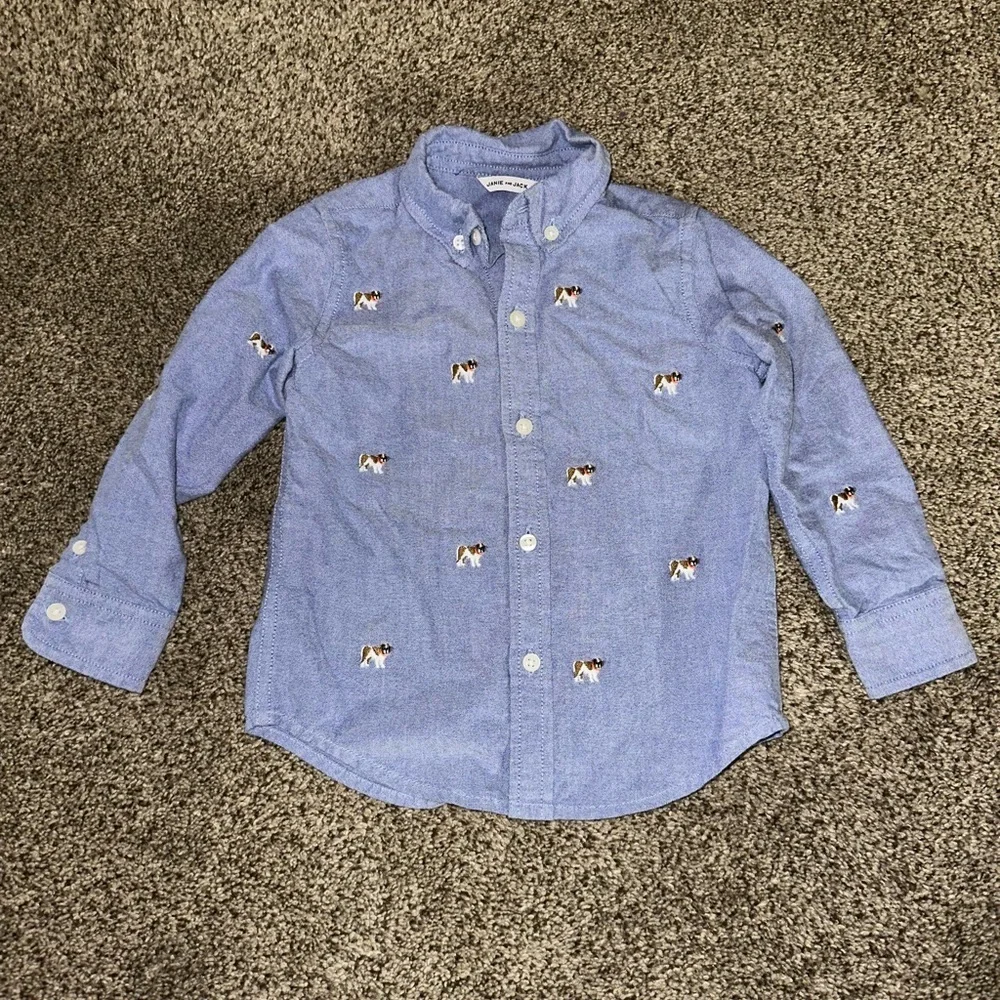 Janie and Jack Blue Button Down Shirt with Dog Embroidery